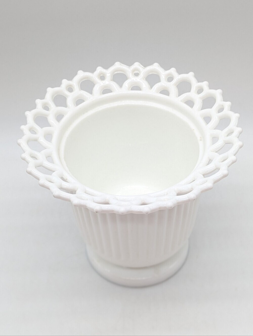 Vintage White Milk Glass Footed Lace Edge Vase Container